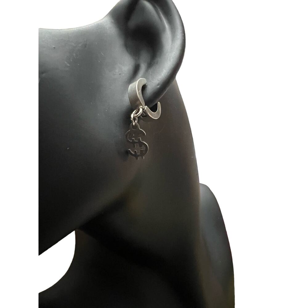 Title:
Stainless Steel Dollar Sign Dangle Earrings – Bold Statement Jewelry